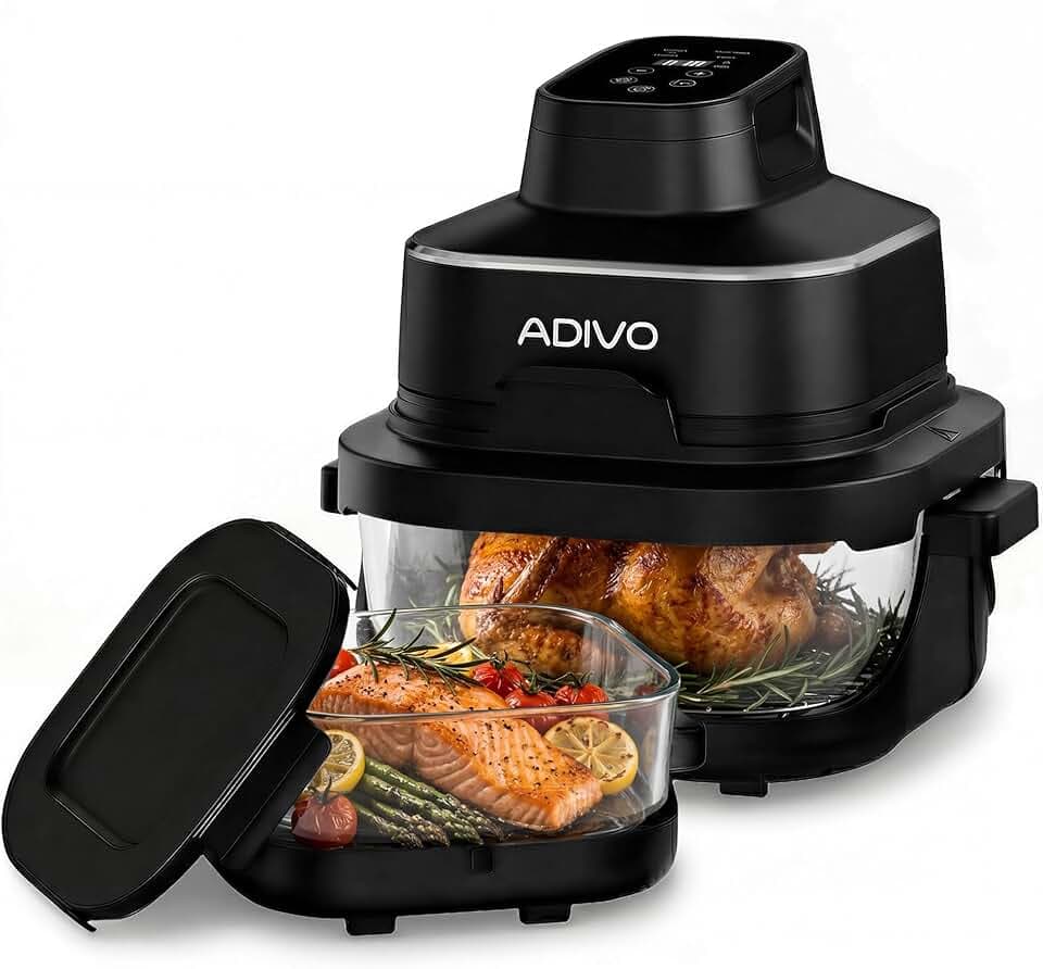 ADIVO Friteuse à Air fryer Verre 4L/1.5L,1500W Bol en Verre Visuel,Double Capacité,4 Modes de Cuisson,Sans Huile & Sans Revêtement Chimique,Lavable au Lave-Vaisselle,Portable pour Camping/Bureau