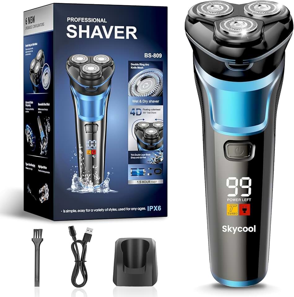 Skycool Rasoir Electriques Hommes, Rechargeable Sans Fil Tondeuse Barbe Homme, Rasoir Homme À Sec Et Humide avec Tondeuse Pliable, Rasoir Barbe Homme avec Deux Modes De Vitesse, Affichage Led