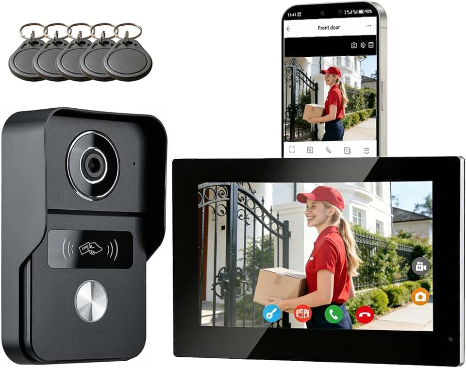 Visiophone Connecté Interphone Vidéo, Sonnette 2 fils 7 Pouces Moniteur Tactile, Audio Bidirectionnel, Système d'interphone avec Unlock à Distance, Wi-Fi 2,4 GHz/5 GHz, KW02-IP7 Noir
