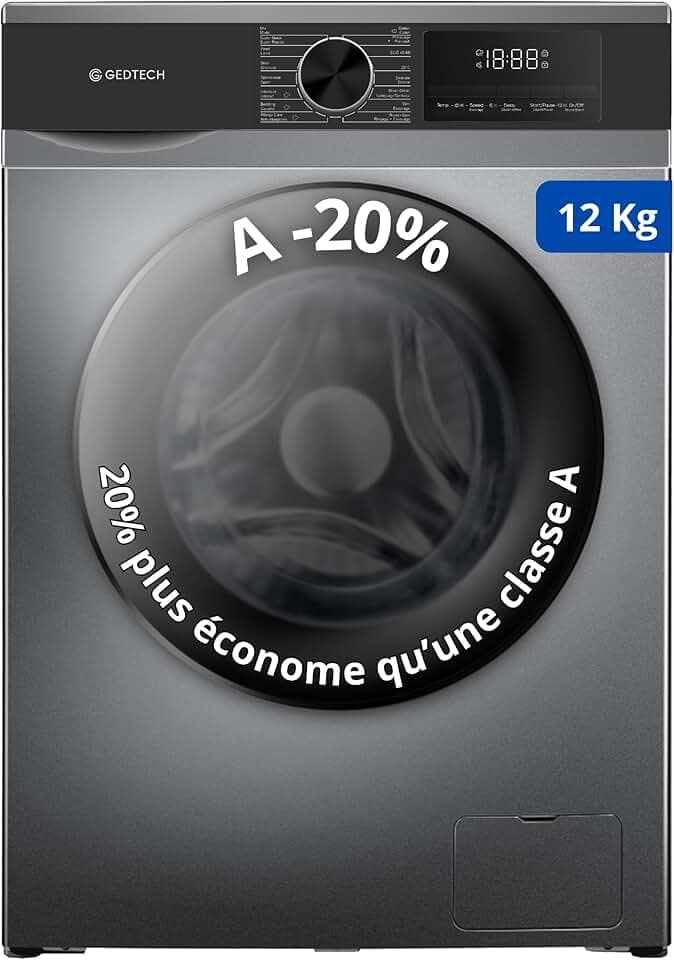 Lave-linge frontal GEDTECH GLL121400DG - 12 Kg - 1400 tr/mn - 16 programmes - Eco - Intensif - Rapide – Très Faible conso - Classe A-20% (Dark Grey, 12 Kg)