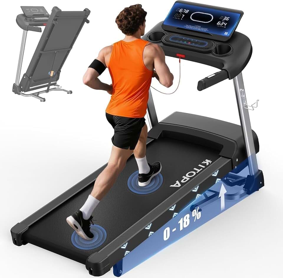 Kitopa Tapis de Course pour la Maison, Tapis de Course jusqu'à 7 CV et 20 km/h, Grande Surface de Course Professionnelle avec 18 inclinaisons, Tapis de Course Pliable avec écran LCD interactif et Global Recycled Standard