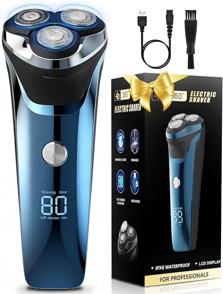 Rasoir Électrique Homme avec Écran LCD, 4D Tête Flottante, IPX7 Étanche pour Rasage Sec et Humide, Rasoir Barbe Homme Rechargeable USB avec Tondeuse Rétractable, Rasoir Sans Fil (Bleu Dégradé)