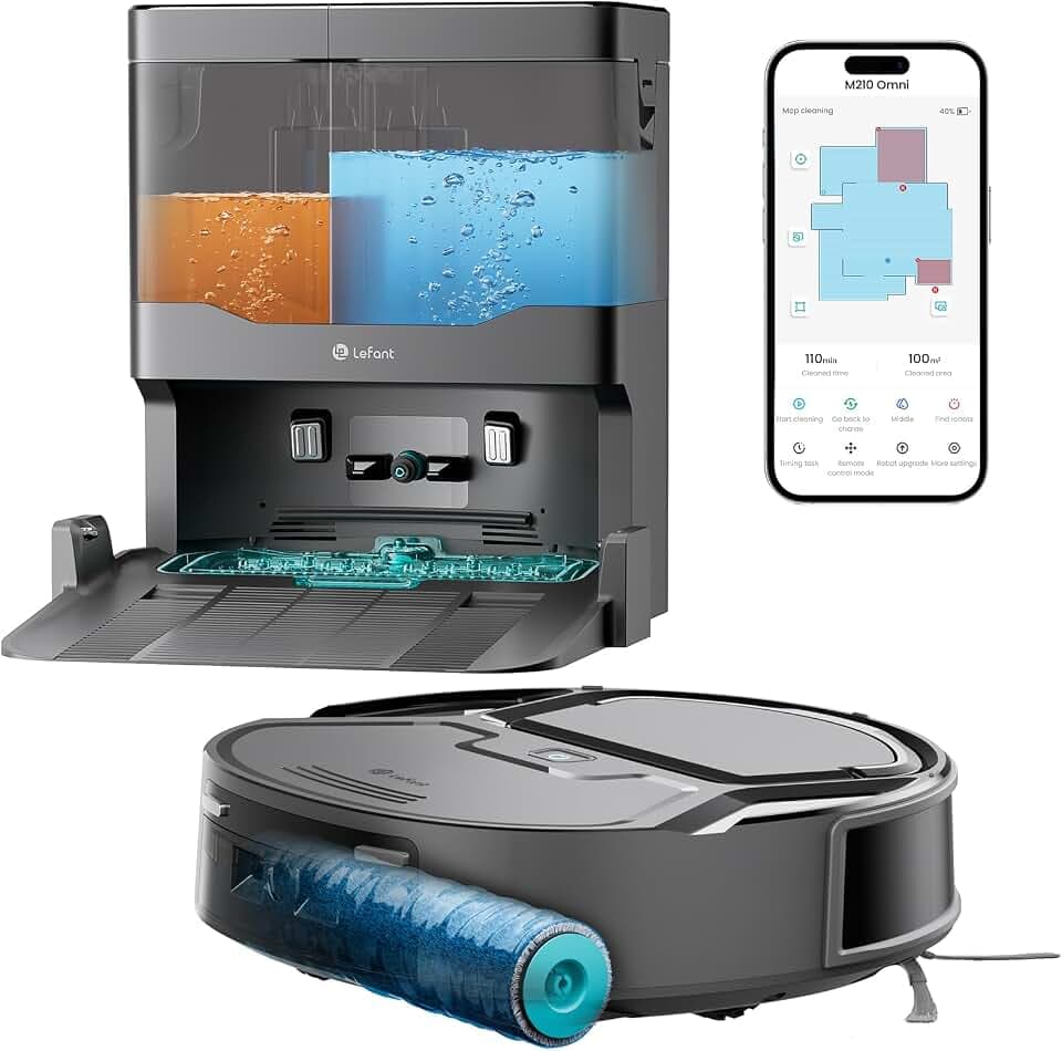 Lefant M210 Omni Mini Rouleau Robot Aspirateur Laveur, Aspiration 20000 Pa | Zéro Enchevêtrement Poils 800ML Corps 85mm Adapté Sols Carrelés & Poils Animaux Nettoyage Automatique Instantané WIFI APP