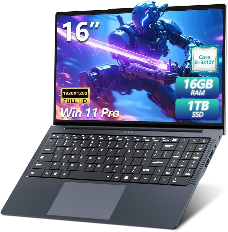 Ordinateur Portable 16 Pouces Pc Portable Avec Core i5 8210Y Processeur Jusqu'à 3.60 Ghz, Laptop 16Go RAM 1To SSD écran IPS 1920x 1200 FHD RJ45, Type-C USB3.0 BT5.0 Clavier numérique rétroéclairé