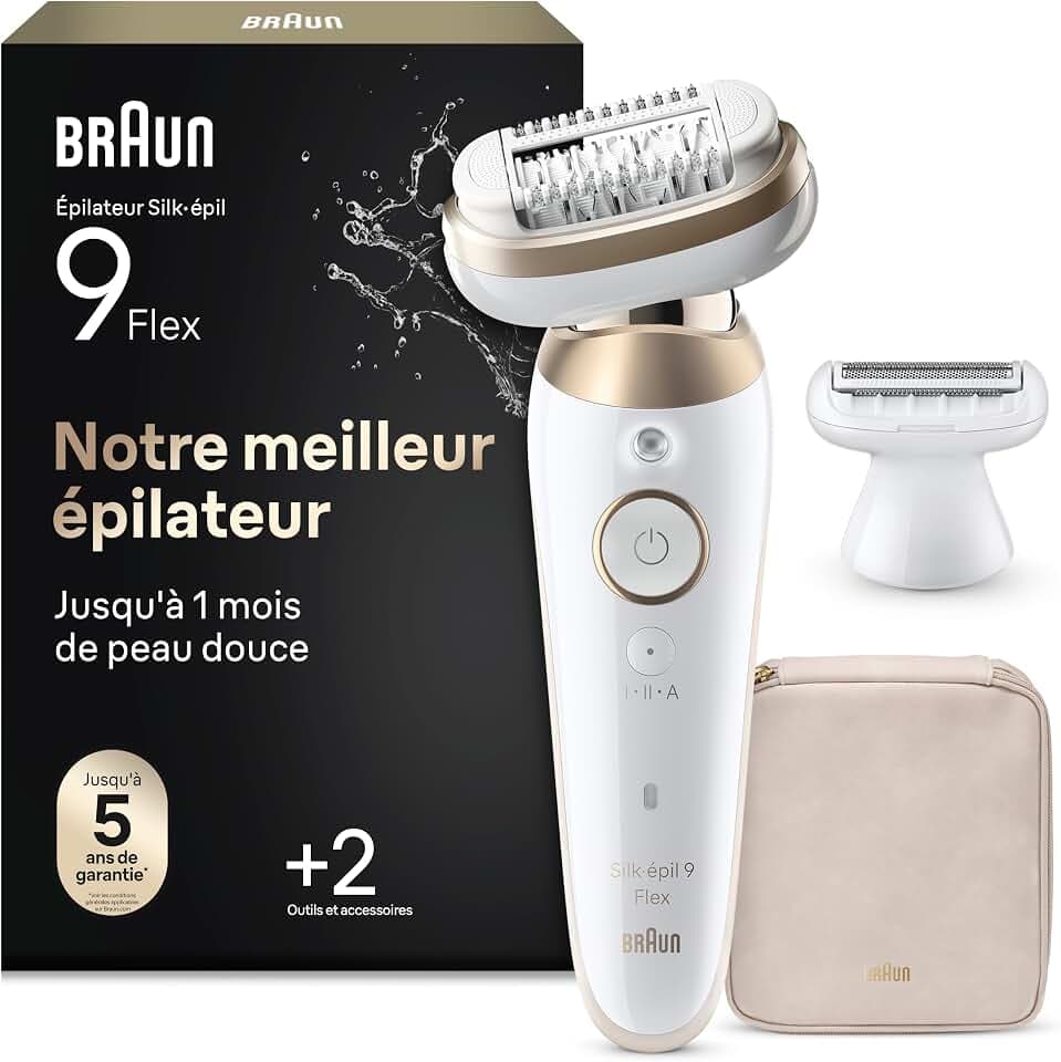 Braun Epilateur Electrique Femme Silk Epil 9, 9-041 3D, Blanc et Or | Etanche, sans Fil, Tête Flexible à 360°, Coffret Epilation avec Embout de Rasage, Sabot Tondeuse, Accessoire de Précision GreenCircle Certified: Certified Energy Savings