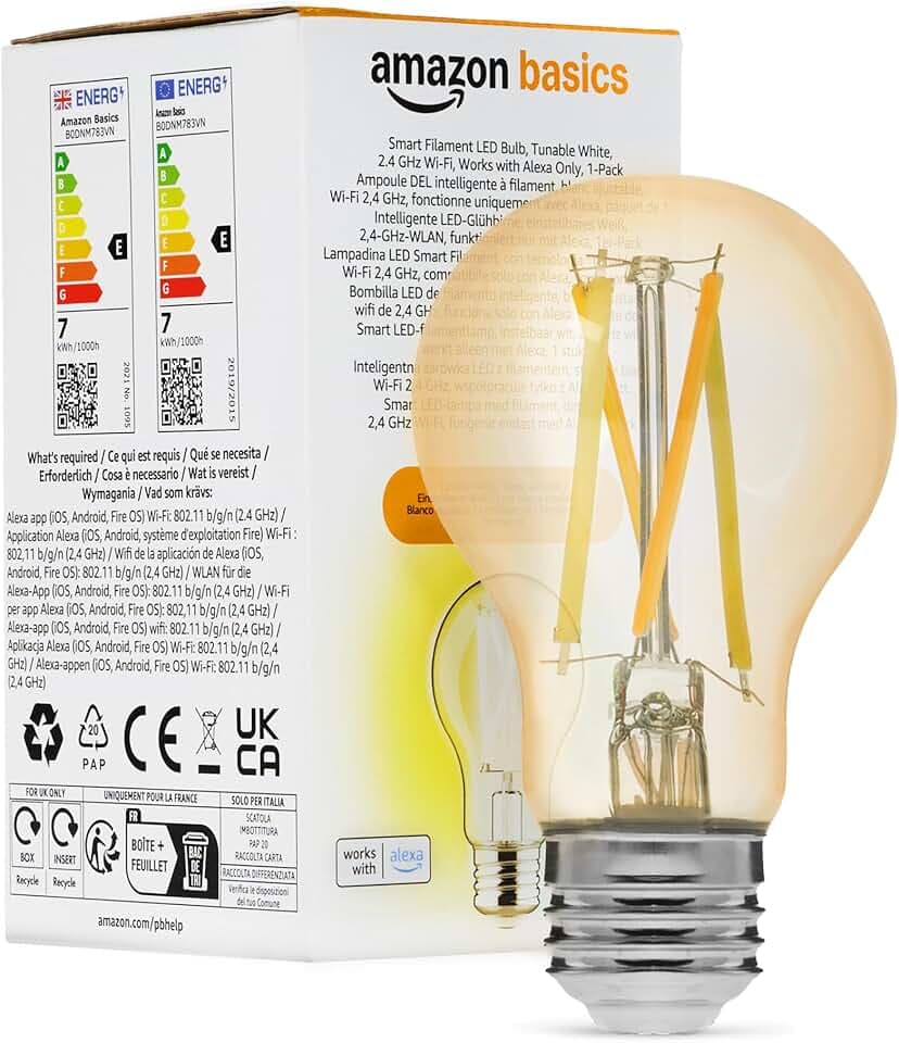 Amazon Basics Ampoule LED à Filament Connectée A60, Blanche Réglable, Wi-Fi 2,4GHz, Fonctionne Uniquement Avec Alexa, Lot de 1