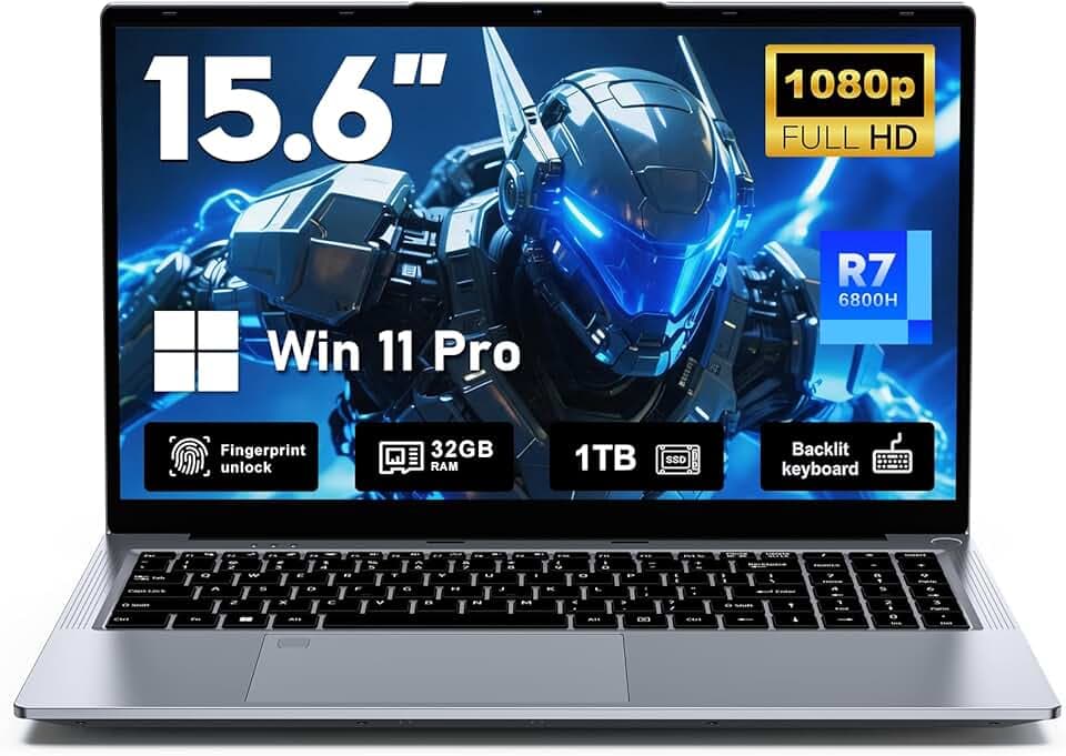 FUNYET Ordinateur Portable, 2026 Nouveau PC Portable 15,6 Pouces, 32 Go de RAM, SSD 1 to,Laptop R7-6800H, IPS FHD 1920 * 1080 Notebook, 5000 mAh,Fingerprint Sensor, Backlit Keyboard Gaming Laptop