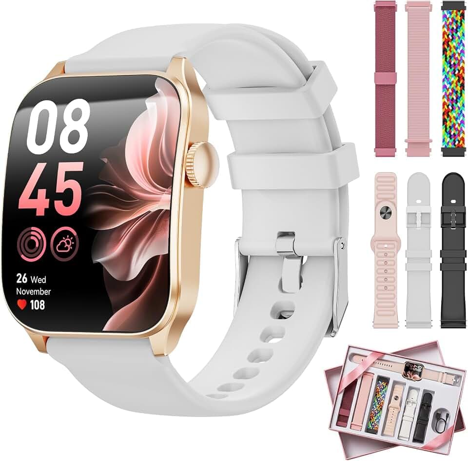 Montre Connectée Femme, 7 Bracelets Cadeau, 1,91" Écran incurvé Smartwatch | Appels Bluetooth, Assistant vocal, 100＋Modes Sportifs, Suivi Fréquence Cardiaque/Sommeil/SpO2, Etanche IP67 pour Android iOS