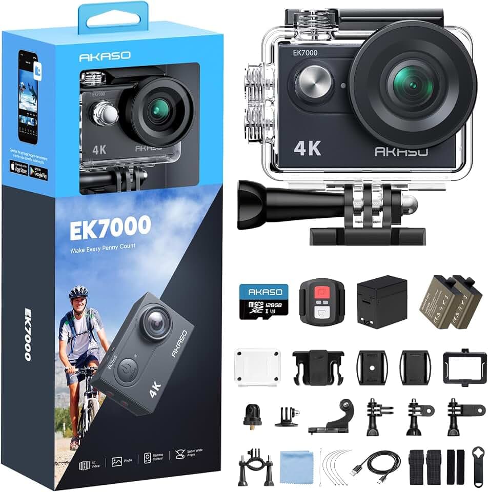 AKASO EK7000 Caméra Sport 4K 20MP WiFi avec Carte Mémoire microSDXC 128 Go | Action Camera 4K Étanche jusqu'à 40M avec Stabilisation 4x ZOOM Grand Angle 170° Télécommande 2.4G, Qualité d'image Ultra HD Global Recycled Standard