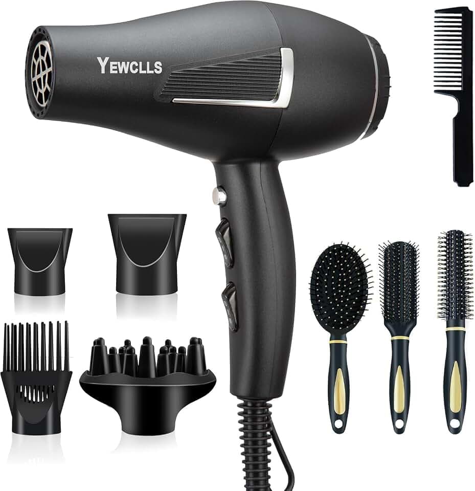 Sèche-cheveux ionique Salon de séchage rapide 2100W Sèche-cheveux professionnel 2 concentrateur 4 peignes 1 diffuseur Salon familial à friser avec bouton froid (Noir)