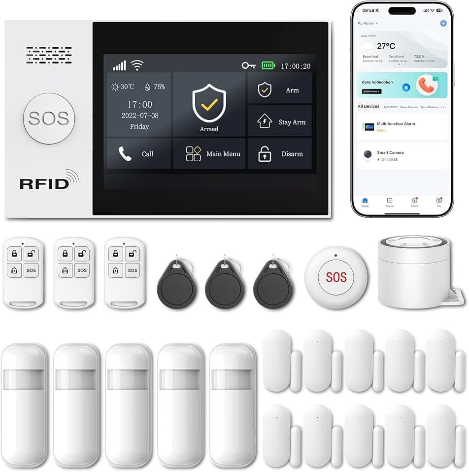 LWOHSI Alarme Maison sans Fil,4G/WiFi Kit Alarme avec écran Tactile 4,3 Pouces,Capteurs De Porte et De Mouvement,120 DB Sirène,Alertes D'application,sans Abonnement Mensuel