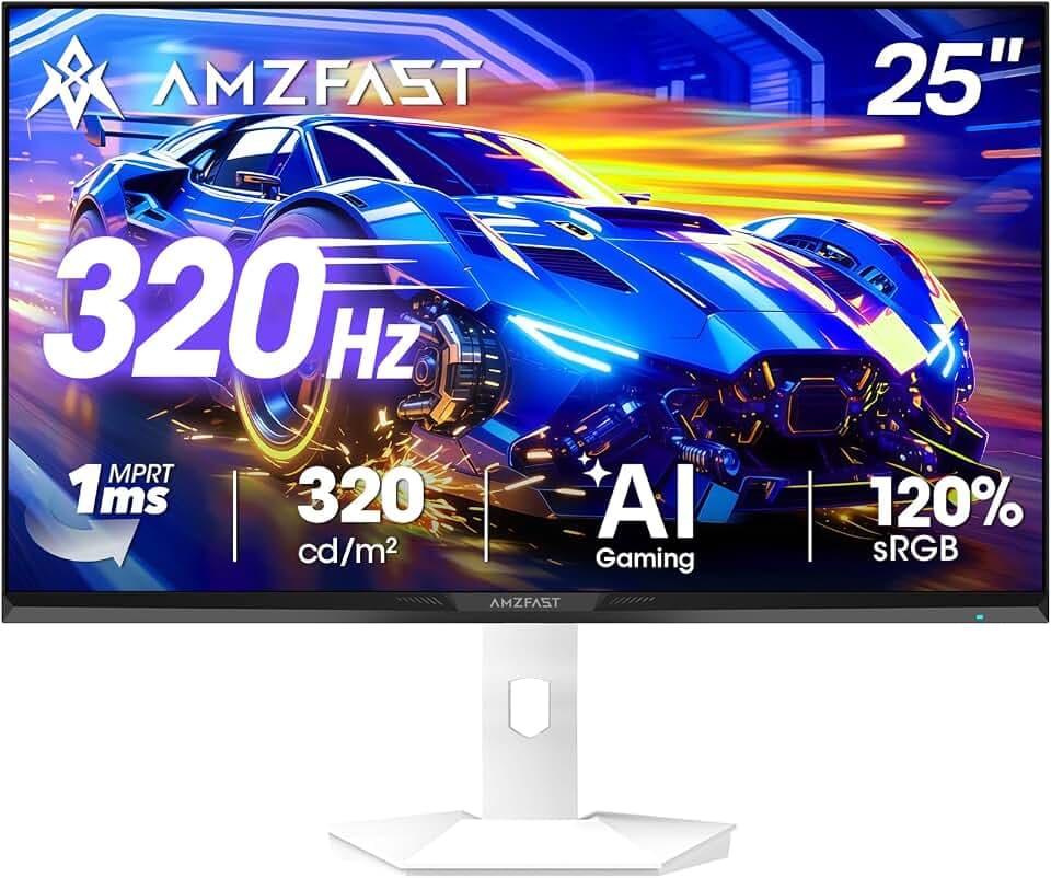 Amzfast Écran PC Gamer 24.5 Pouces 320Hz/FHD Blanc Moniteur PC Gamer 240Hz 1920x1080, Fast IPS Écran, 1ms MPRT, 120% sRGB, Eyes-Care, HDR, Adaptive Sync, VESA 100x100, HDMI 2.0x2/DP 1.4x2 AMZG25F6F