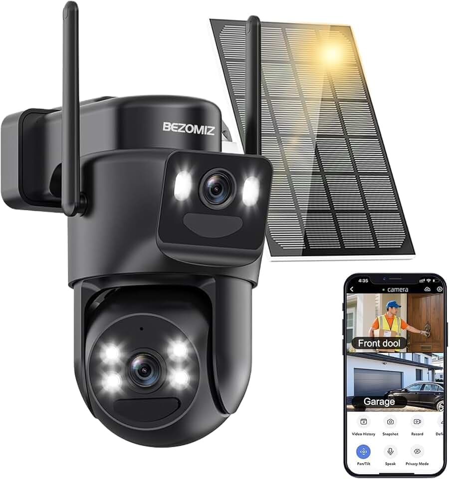 4K Caméra Surveillance WiFi Extérieure à Double Objectif,360° PTZ Caméra IP,8MP Détection Humaine avec Panneau Solaire,Suivi Automatique,Vision Nocturne Couleur,Étanche,Audio Bidirectionnel,2.4GHz