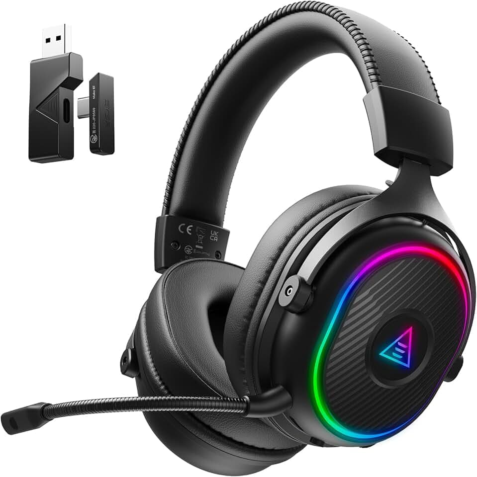 EKSA Casque Gaming sans Fil, 2,4 GHz Casque Gamer pour PS5/PS4/PC/Switch/Mac, Casque Bluetooth 5.3 avec Microphone, Latence de 30MS, Durée D'utilisation Maximale 80H, RVB, USB&USB-C