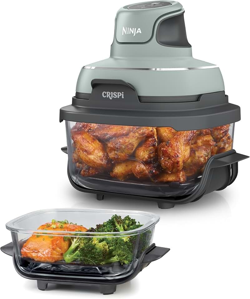 Ninja CRISPi Air Fryer Design Compact 4 en 1, bols 3,8 ou 1,4L FN101EUSG | frire sans huile, rôtir, garder au chaud, refaire dorer. Compact, 2 contenants/couvercles amovibles en verre, 1 700 W, Sauge