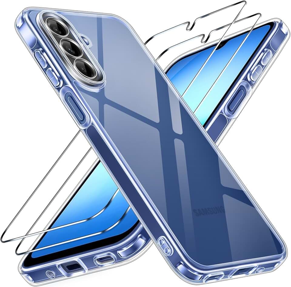 ivoler Coque HD Clair Anti-Jaunissement pour Samsung Galaxy A17 4G / 5G avec 2 Pièces Verre Trempé, Militare Étui de Protection Transparente Antichoc, Mince Dur PC Dos Anti-Rayures Bumper Housse Global Recycled Standard