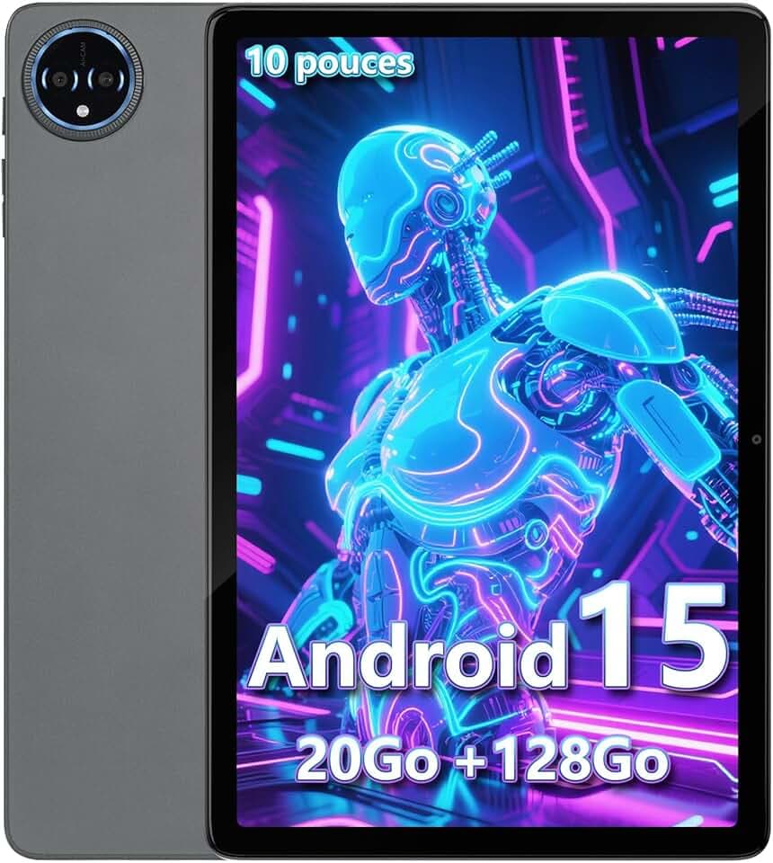 Tablette 10 Pouces, Android 15, 20Go RAM + 128Go ROM(1 to Extensible) 8580 mAh Batterie, Octo-Cœur 5G WiFi Tablette Tactile, 5+13MP Caméra, Bluetooth (Gris)