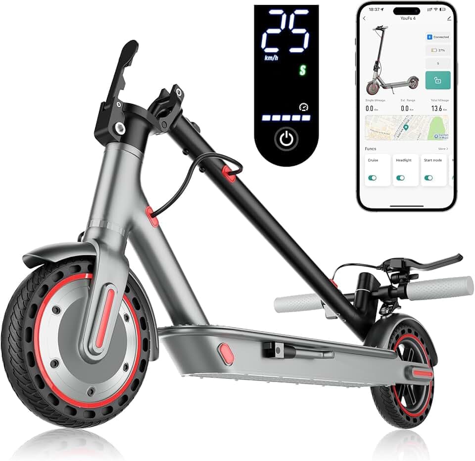 Scooter Électrique Pliable pour Adultes, 350/500W Moteur, 35/40/45KM Longue Autonomie, Vitesse Max 25KM/H, Pneus 8.5/10" Anticrevaison, Double Éclairage et Double Système de Freinage, APP