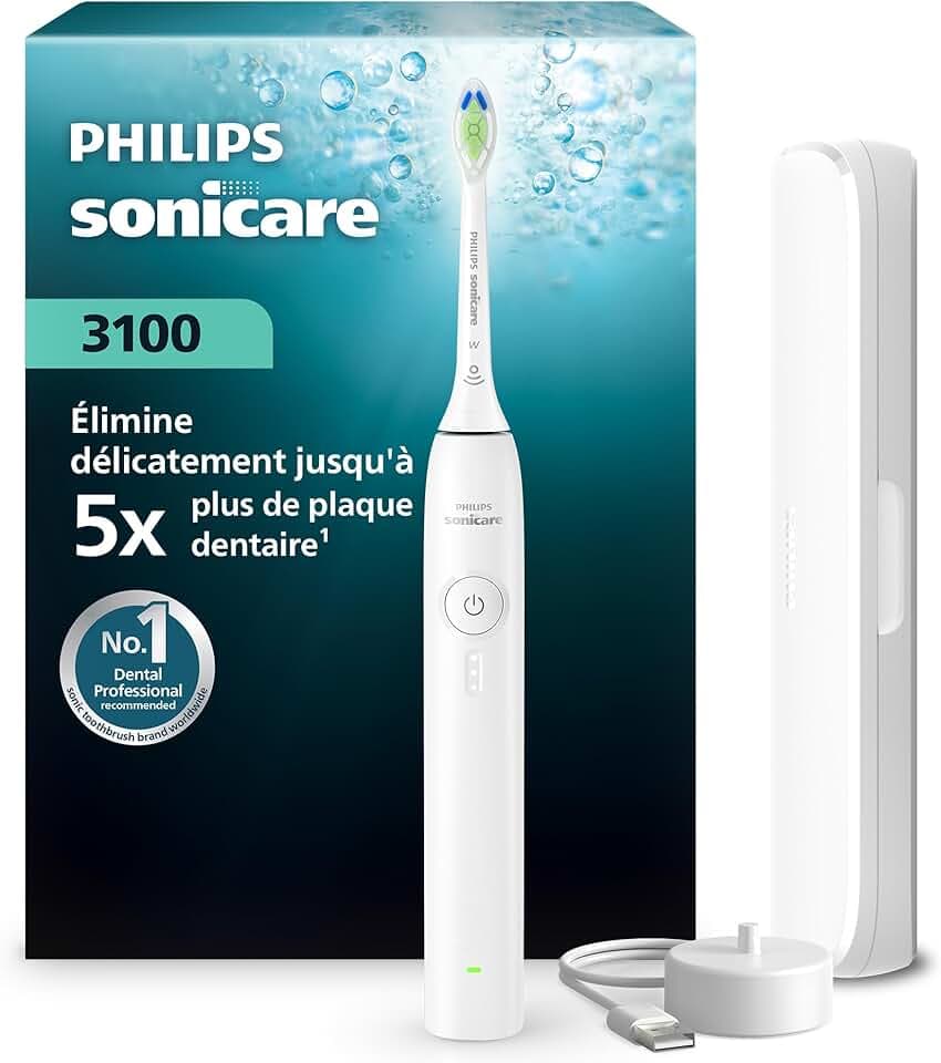 Brosse à dents électrique Philips Sonicare série 3100 – capteur de pression, 3 intensités, EasyStart, SmarTimer, 14 jours d’autonomie, étui de voyage, coloris blanc, modèle HX4033/21, [Nouveau]