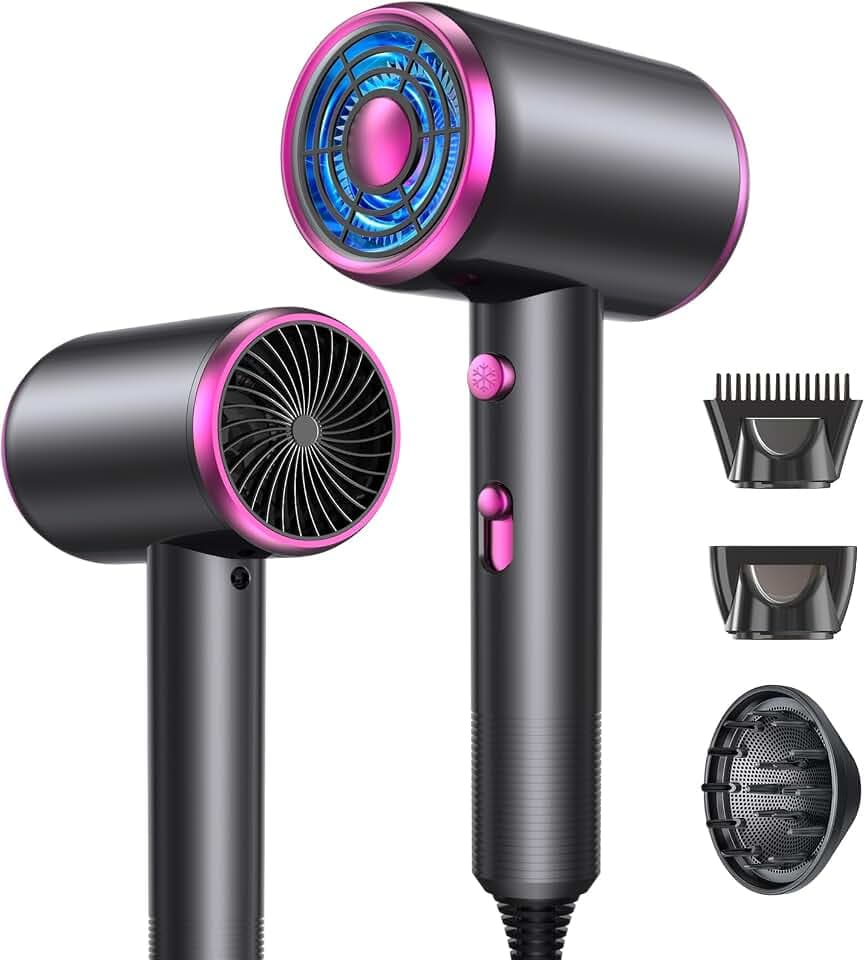 Sèche Cheveux, 2200W 60000 tr/min à Ions Négatifs, Sèche Cheveux Professionnel Ionique, 3 Vitesses Air Chaud/Froid, Chauffage Rapide, Température Constante avec Diffuseur, Buse et Diffuseur Boucle