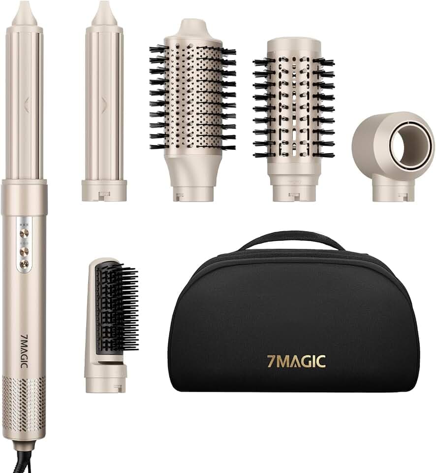 Air Styler 6 en 1, Sèche-Cheveux Ionique,Boucleur Auto,sans chaleur extrême | Brosse Soufflante, Effet Coanda, Séchage Rapide, Effet Salon, Volume, Lissage, Boucles, Étui Voyage, Or Champagne Global Recycled Standard