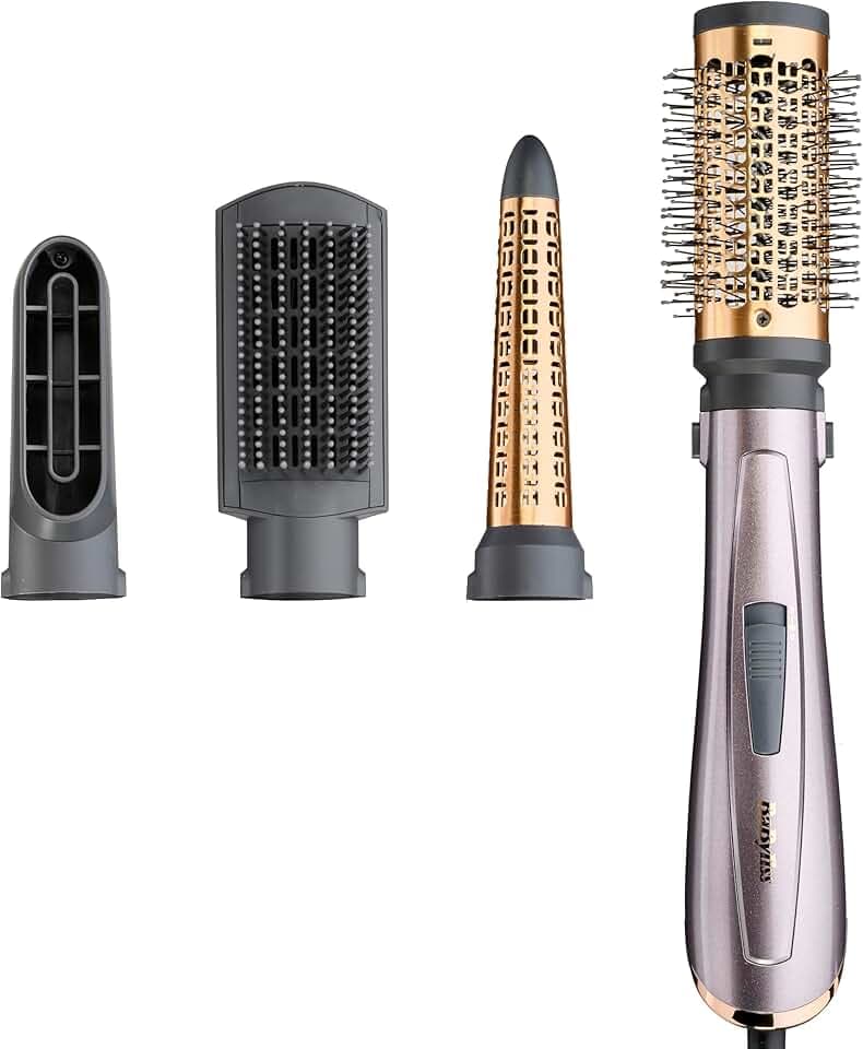 BaByliss Brosse soufflante Air Style 1000 - Brosse soufflante Tout en Un : séchage, volume, lissage et boucles, Technologie ionique Anti-Frisottis , 4 Accessoires, Cuivre/Gris, AS136E