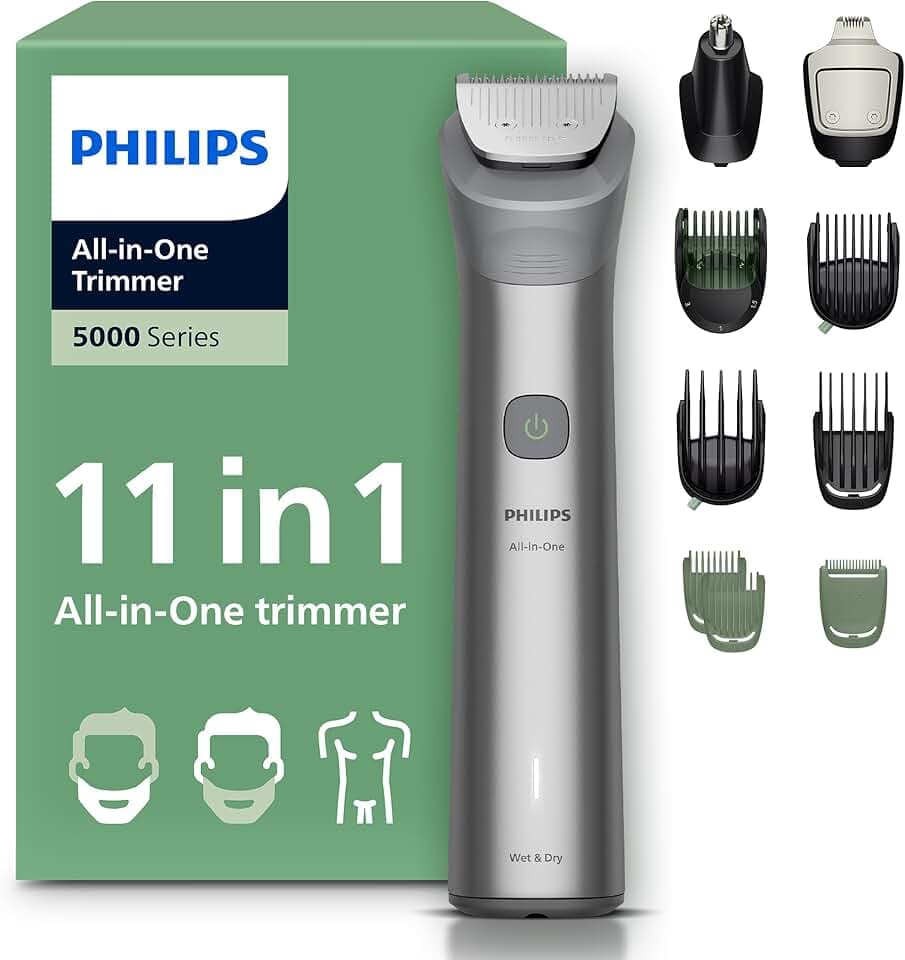 Philips Multigroom série 5000 Tondeuse tout-en-un 11 accessoires – tondeuse pour barbe, cheveux et corps, lames en métal auto-affûtées, 17 hauteurs de coupe (0,5-16 mm), modèle MG5951/15