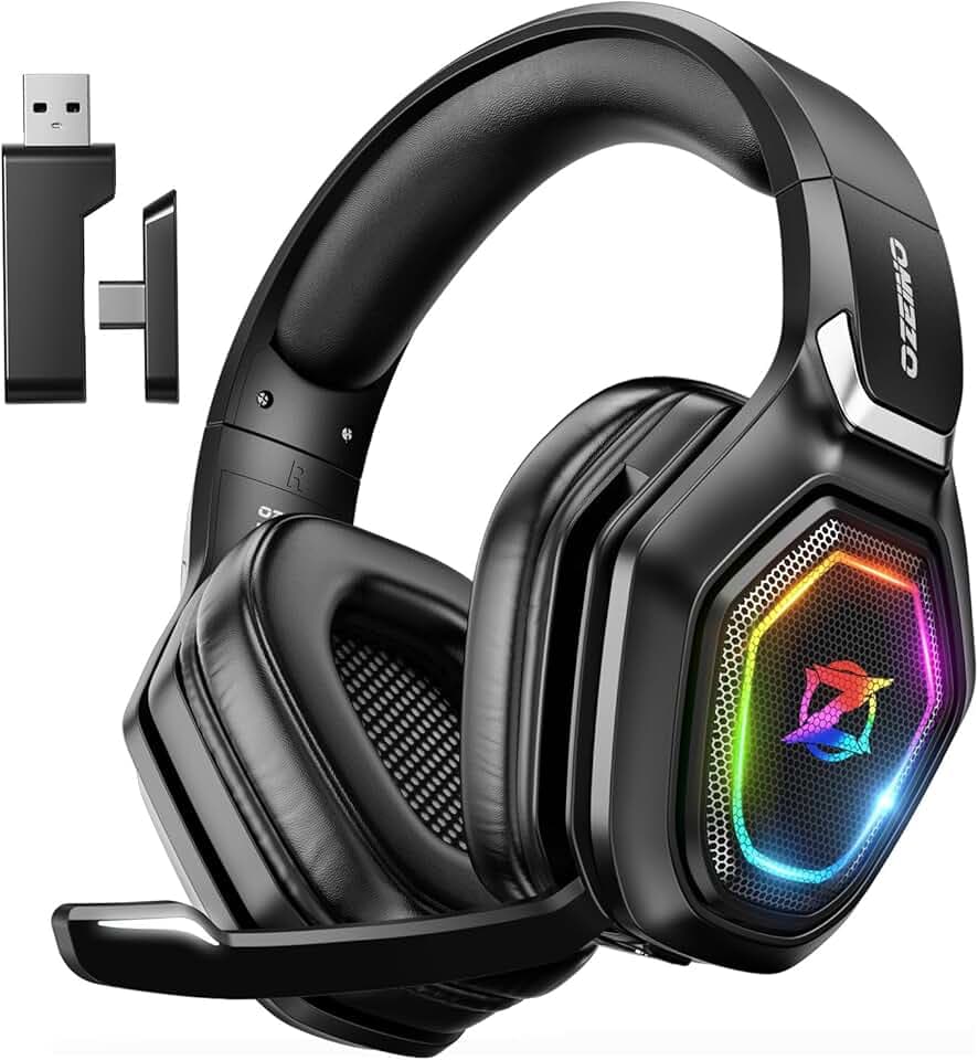 Ozeino Casque Gaming sans Fil pour PC PS5 PS4, 2.4GHz Audio sans Perte, USB & Type-C Casque de Jeu Ultra Stable avec Microphone Flip (Noir)