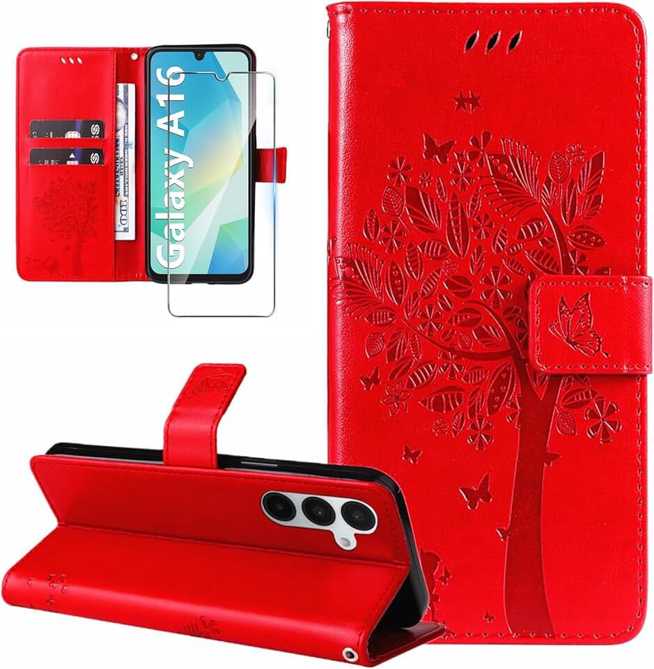 Coque pour Samsung Galaxy A16 4G/5G Etui Portefeuille Cuir avec Verre Trempé Motif Porte Carte à Rabat Clapet Housse Protection Flip Case Étui Coque pour Samsung Galaxy A16 4G/5G-Rouge