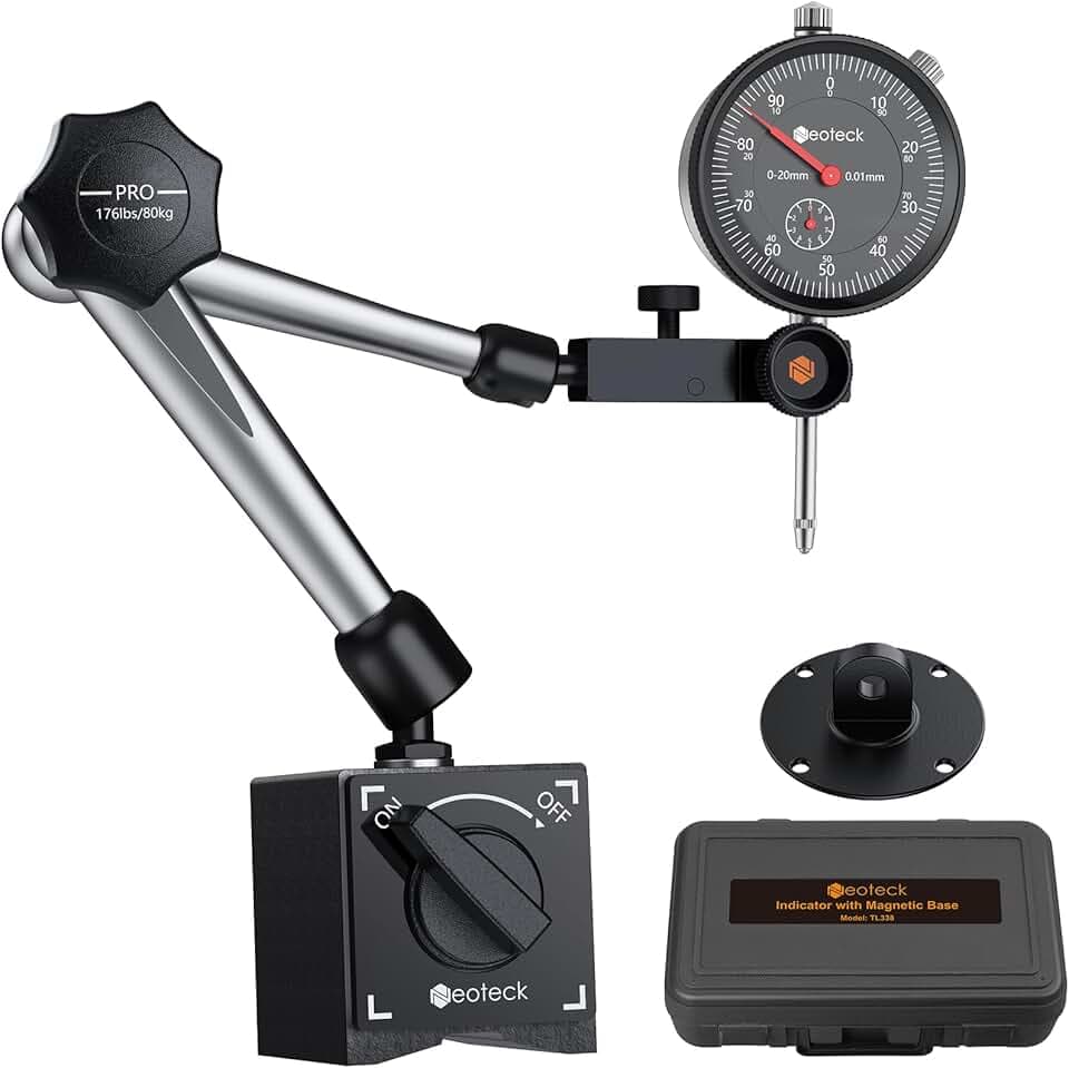 Neoteck Comparateur à Cadran 0–20 mm avec Base Magnétique Support Articulé à 3 Joints 80 kg pour Mesure de Précision Ensemble Professionnel pour Fraiseuse CNC Imprimante 3D Atelier Mécanique - Noir Global Recycled Standard