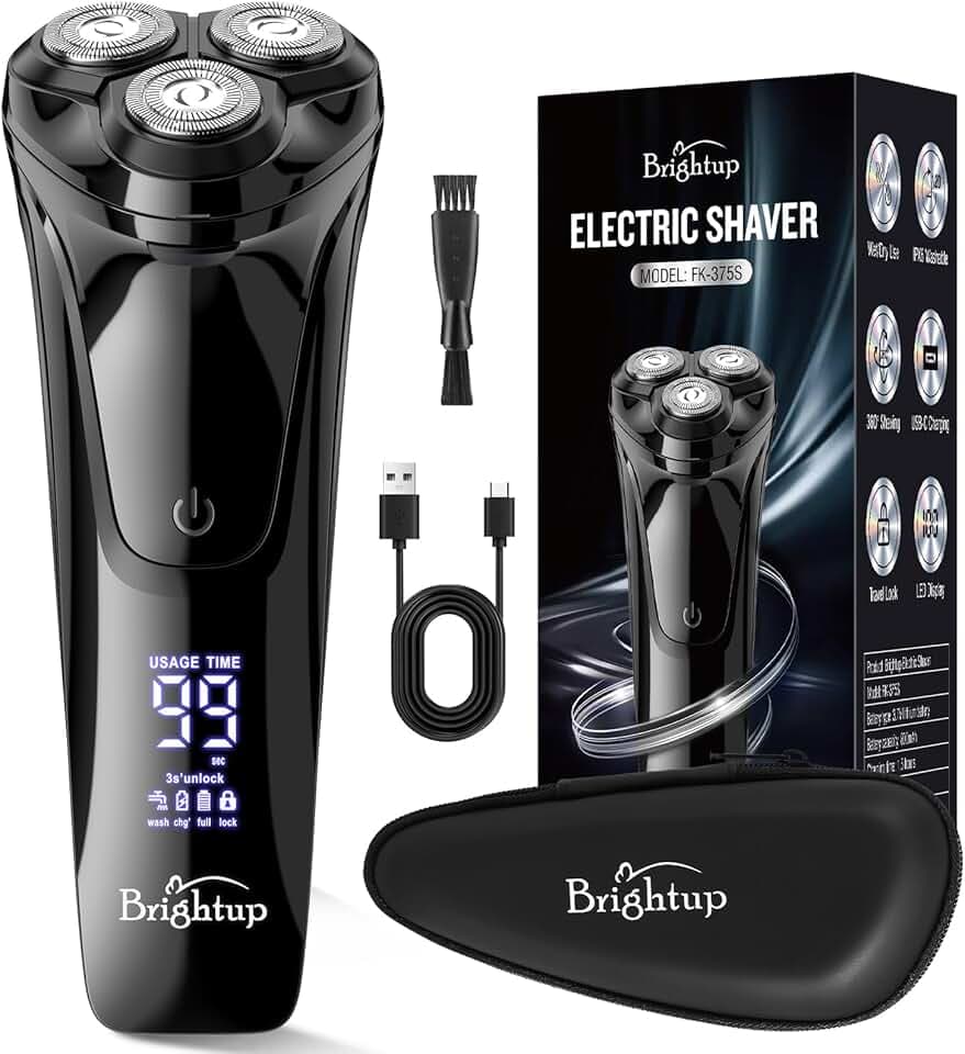 Brightup Rasoir Électrique Homme avec Tête Flottante 4D, Sans Fil LED Rasoirs Barbe Étanche IPX6, Recharge USB-C et Tondeuse Pop-Up, Verrouillage de Voyage