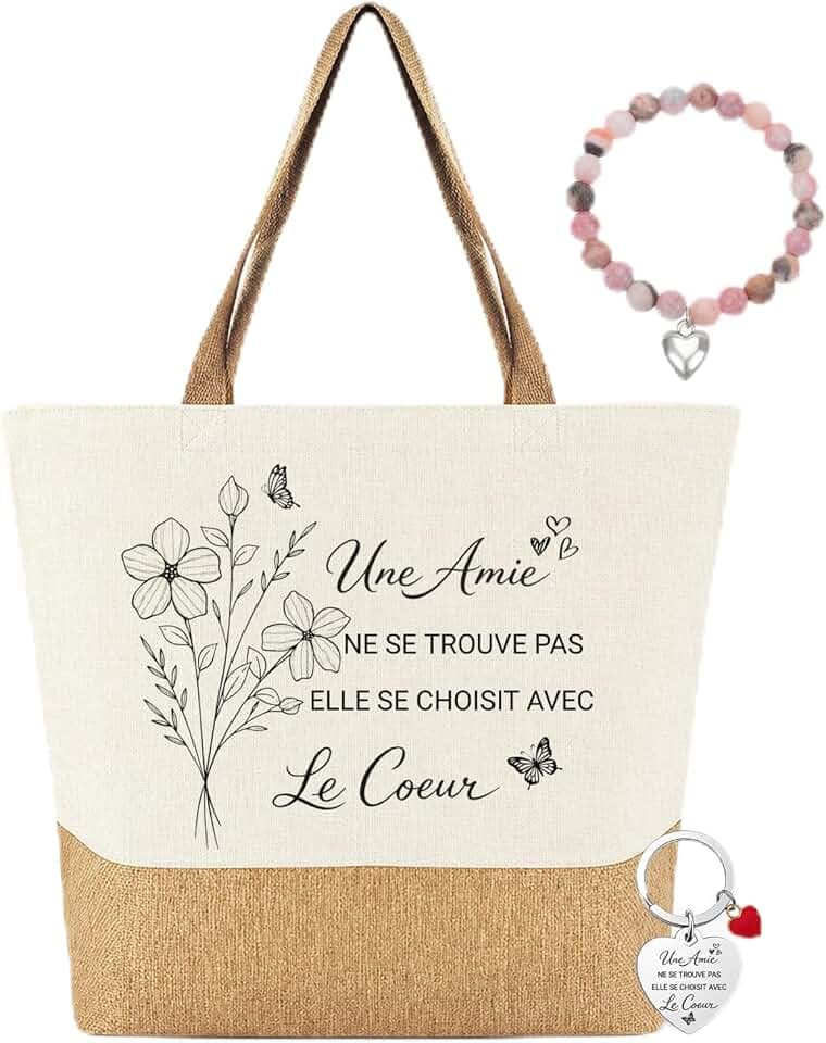Cadeau Meilleure Amie Tote Bag, Meilleure Amie Cadeau avec Porte-Clés et Bracelet, Sac en Toile Jute Cabas Courses Plage, Idée Originale Anniversaire Noël pour Copine Sœur