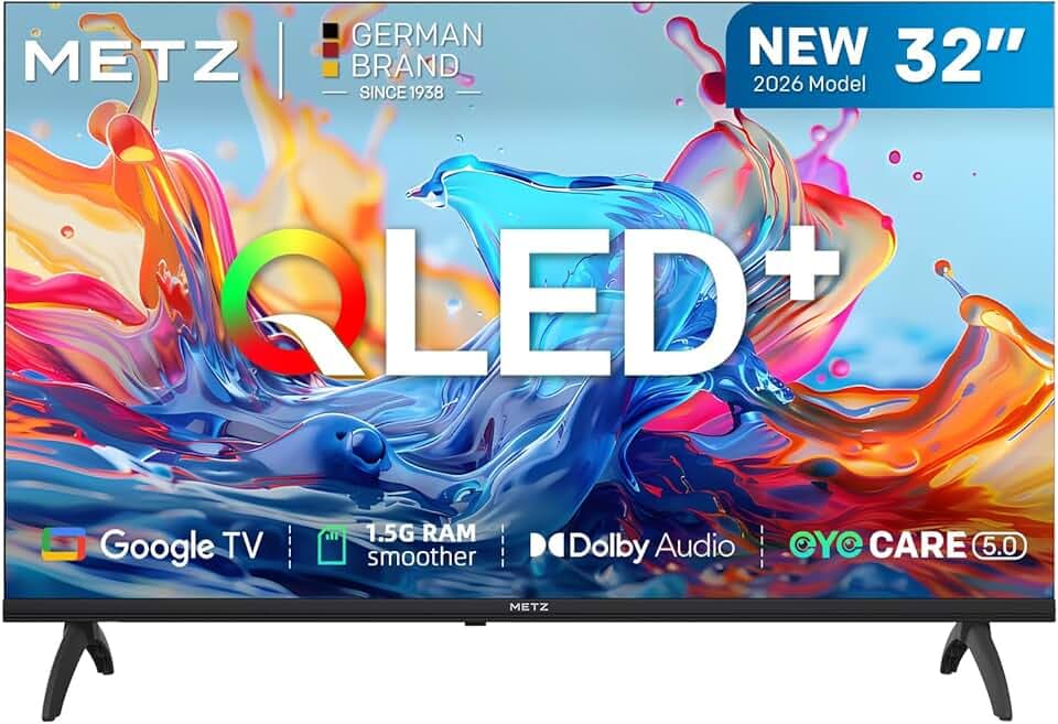 Metz 32 Pouces (80 cm) Smart TV Google Television LED, Gen 6 QLED +, HDR 10 Dolby Audio Bluetooth 5,1 EyeCare Tuner DVB-T/T2/C/S/S2 CI+, 1.5GB RAM Amélioration (32MQH7000Z, 2026 Nouveau Modèle)