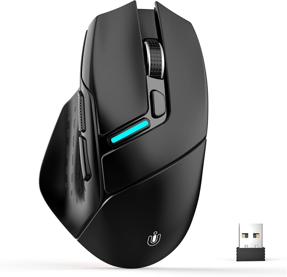 Uineer Souris Gamer sans fil, 3-en-1 BT 5.0/2,4 GHz/Filaire, 12800 DPI PRO | Souris Ergonomique à Clics Silencieux, 6 Niveaux DPI Réglables, Boutons Programmables, pour PC/Mac, Bureau et Gaming