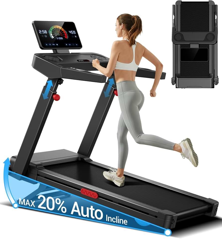 LONTEK Tapis de Course avec Inclinaison Automatique de 20%, 14KM/H | Tapis Roulant Pliable avec Console Réglable sur 4 Niveaux, 3,5CV Treadmill avec Affichage LED, 180KG