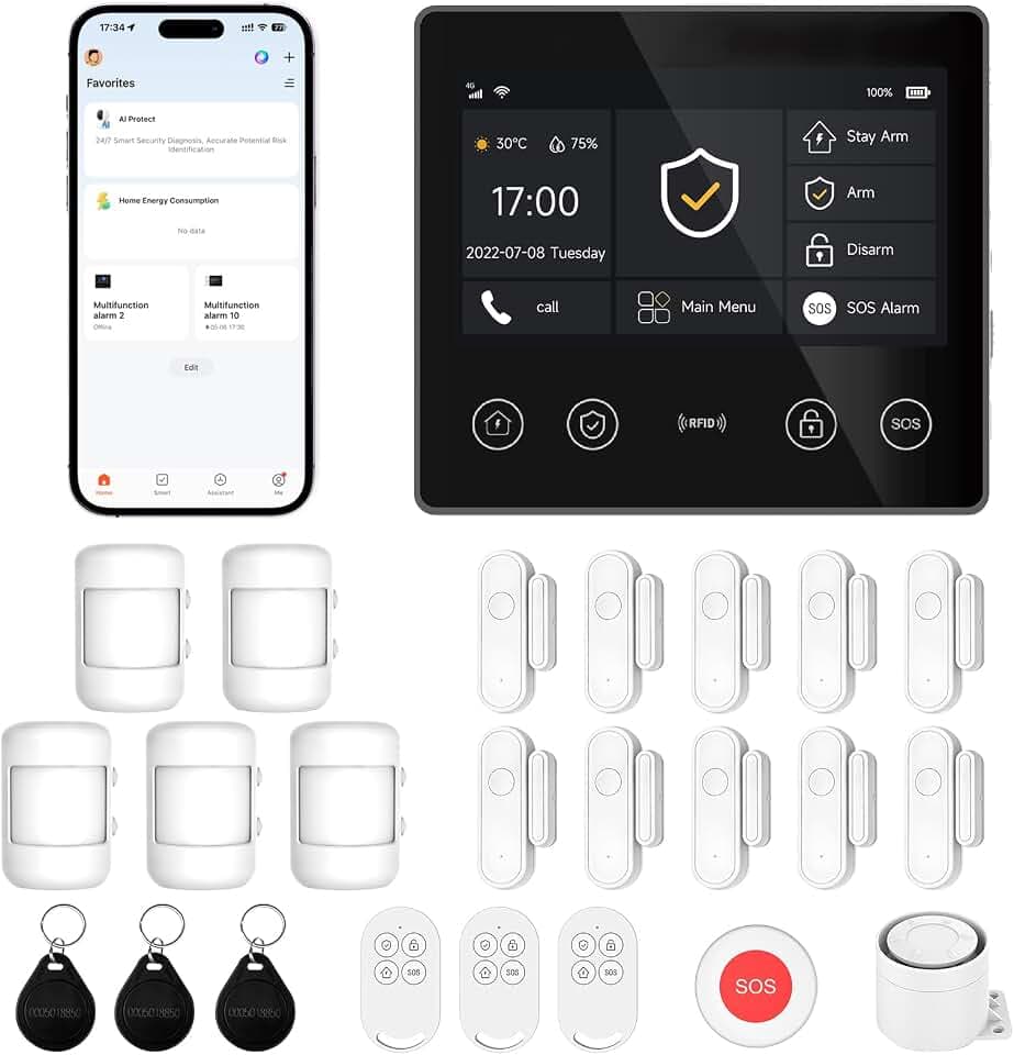 XUK Alarme Maison sans Fil 4G + WiFi, Kit Alarme sans Abonnement | Écran tactile 4,3", détecteurs d'ouverture et de mouvement inclus, application Tuya Smart, compatible Alexa & Google