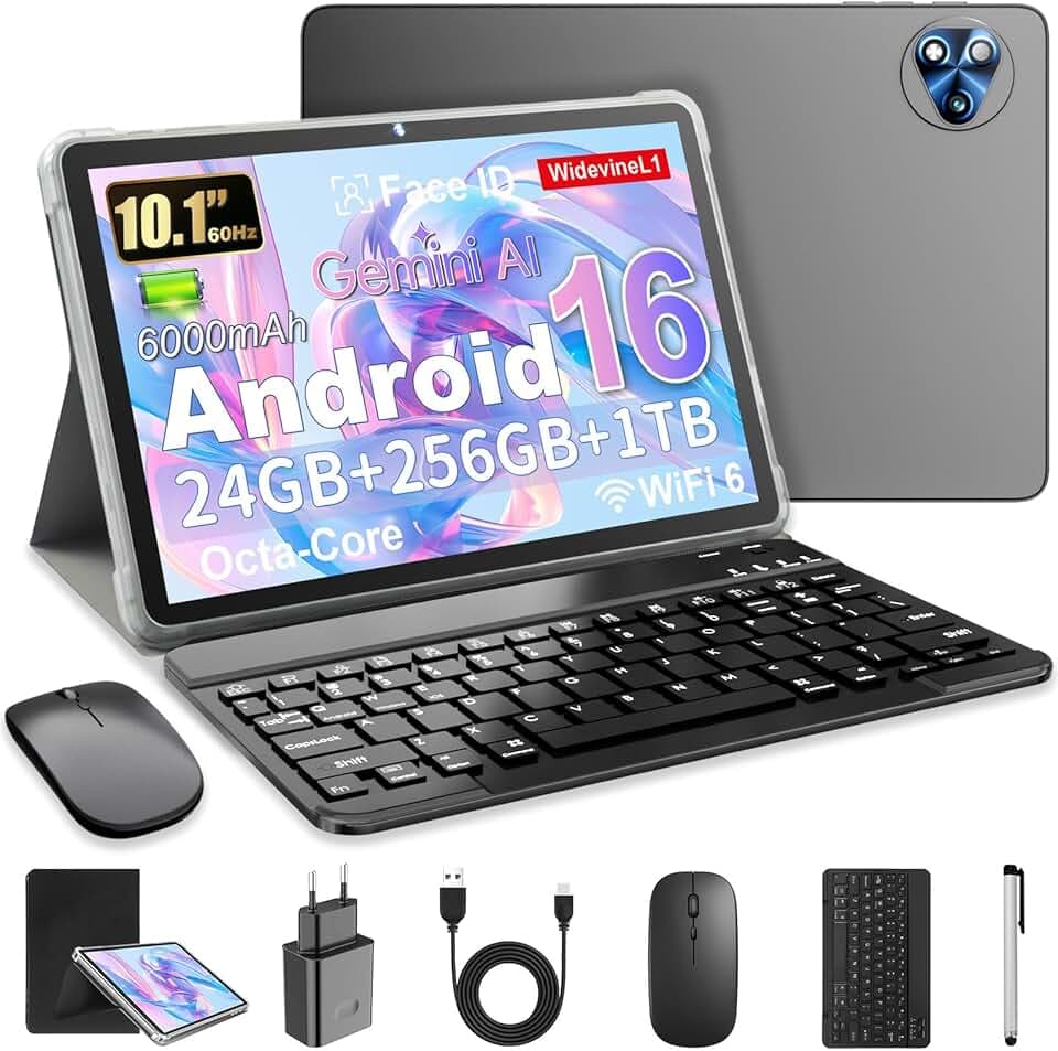 Android 16 Tablette 10 Pouces avec Gemini AI, Tablette avec Clavier, Souris & Stylet, Octa-Core, 24 GO RAM + 256 GO ROM + 1 TO TF, 1920x1200 Écran HD, Caméra 8MP + 13MP, 6000 mAh (Gris + Coque Noir)