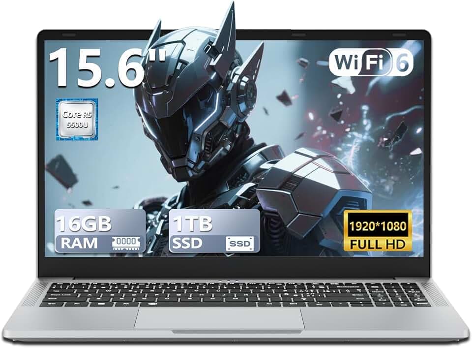 Ordinateur Portable 15,6 Pouces avec Ryzen 5 5500U CPU Carte Graphique Radeon, Win 11 PC Portable 16Go de RAM SSD 1To, Laptop avec Clavier Rétroéclairé avec Pavé Numérique Type-C HDMI USB3.0 Wi-Fi6