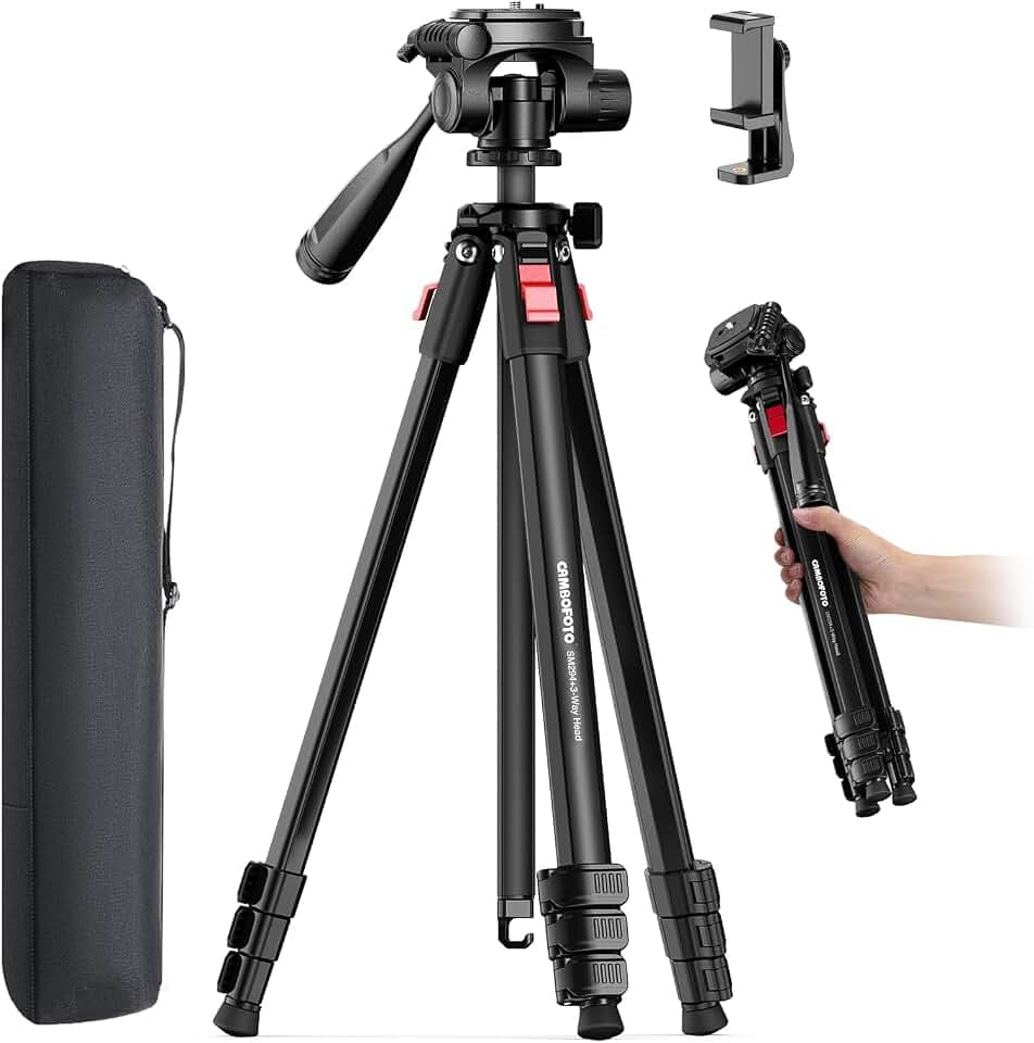 CAMBOFOTO Trépied Photo 172 cm Aluminium Léger avec Tête 3 Directions | Trépied de voyage compact avec support smartphone, colonne inversée pour macro et charge maximale de 4 kg Certifié ClimatePartner