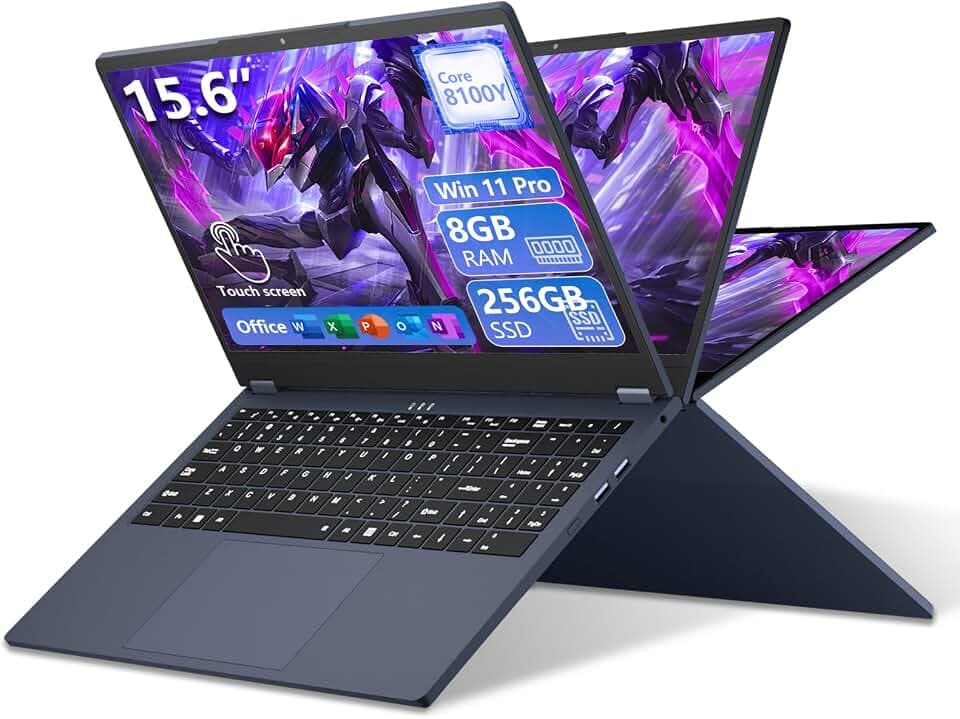 Ordinateur Portable 2 en 1 Écran Tactile 15.6 Pouces avec Core i3-8100Y Processeur, PC Portable Win 11 8 Go RAM 256 Go SSD, Laptop 1980*1080 IPS FHD Écran Type-C Mini-HDMI USB 3.0 WIFI5 BT5 Webcam