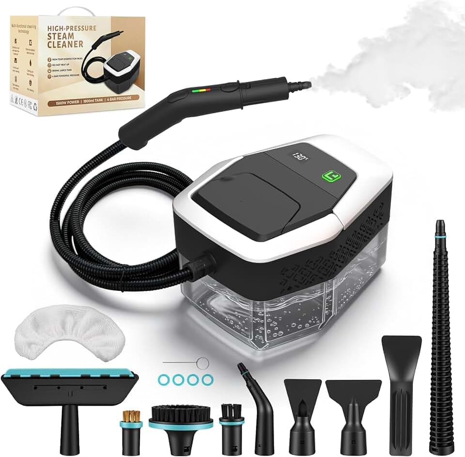 Nettoyeur Vapeur, Nettoyeur à Vapeur Portable 1500W Basse Pression, Chauffage Rapide 15s, Réservoir d’eau 1,8L, 12 Accessoires Inclus,Cuisine & Voiture, Blanc（Appuyez longuement sur 3s pour démarrer）