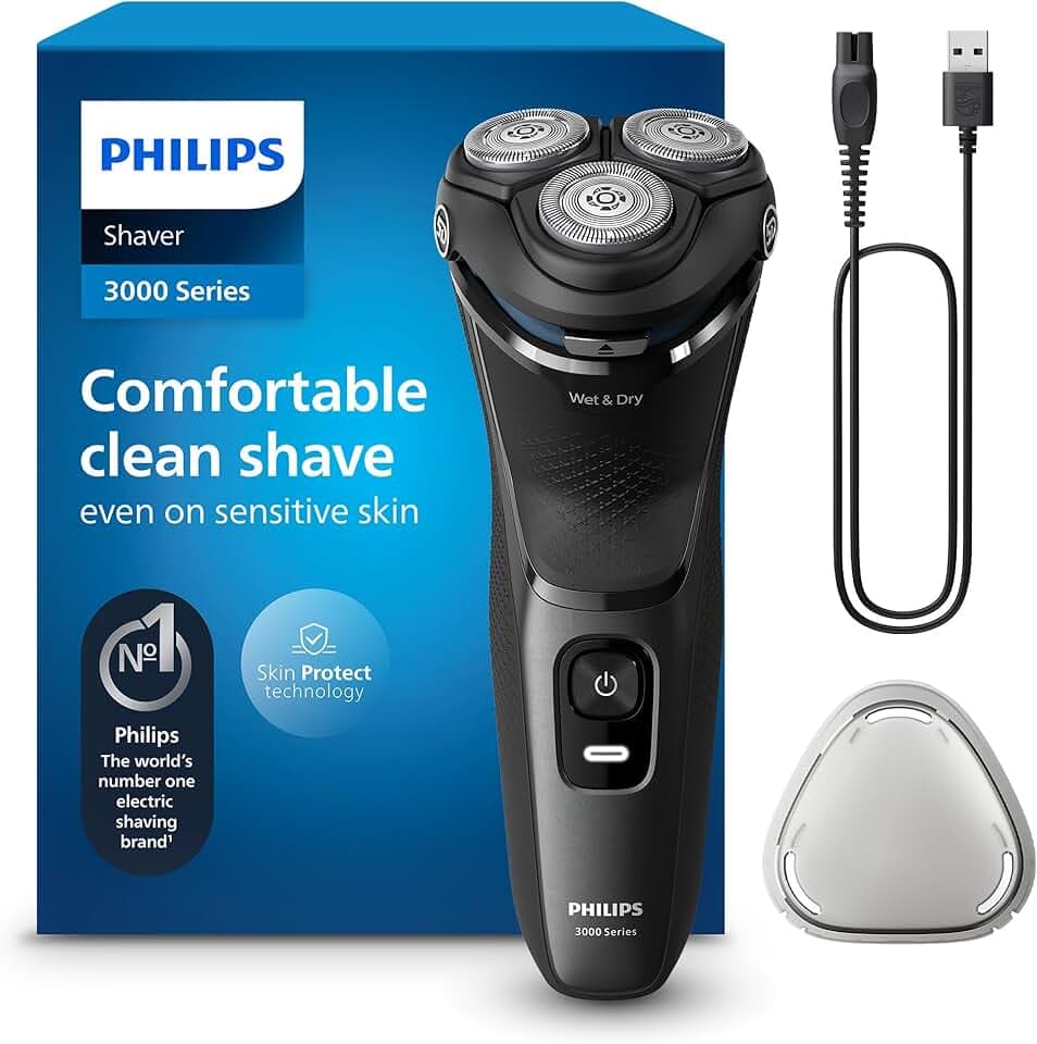 Philips Electric Shaver Series 3000 - Rasoir électrique Wet & Dry pour hommes avec technologie SkinProtect, couleur Lune foncée, tondeuse à barbe rétractable, Rasoir sans fil (modèle S3145/00)