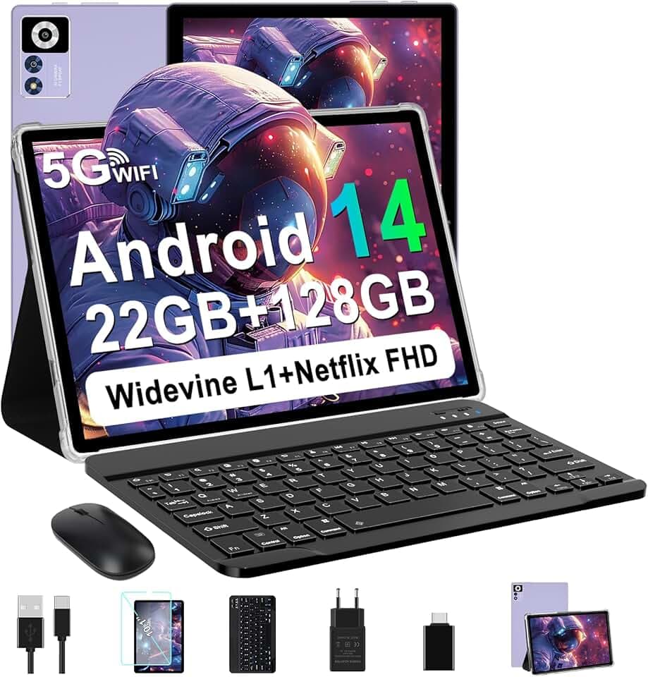 ZIOVO Tablette Android 14 Tablette 10 Pouces,22GoRAM+128Go ROM (1To TF),Widevine L1|8000mAh| Octa-Core|2.0GHz| 5G WiFi| BT 5.0| 5+8MP, 2 en 1 Tablette Tactile avec Clavier et Souris-Violet