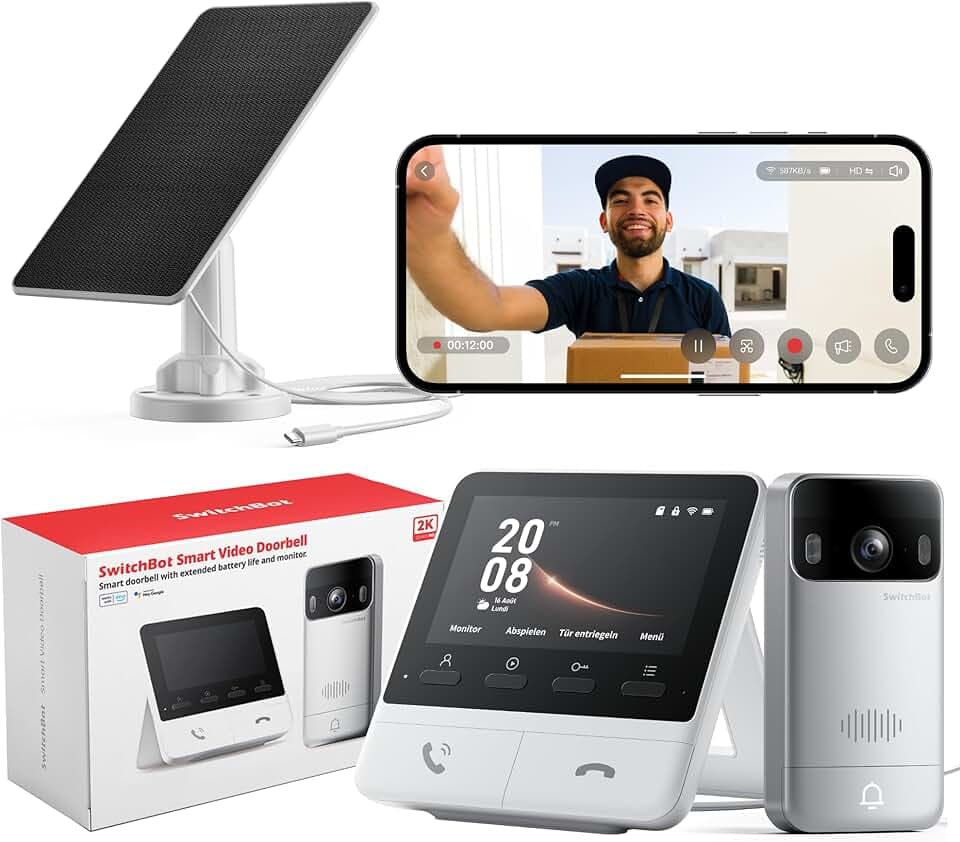Switchbot Sonnette de Porte avec Caméra, Sonnette Intelligente avec caméra et Panneau Solaire, 2K Sonnette Vidéo Intelligente avec Écran Couleur de 4,3 Pouces