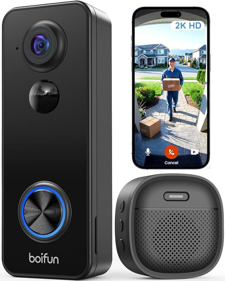BOIFUN 2K 3MP Sonnette sans Fil Exterieur Etanche, Vision à 180°, Détection IA Avancée, Installation Facile, Vision Nocturne, Stockage par Carte SD 128 Go, IP65 étanche, Wi-FI 2,4 GHz Uniquement