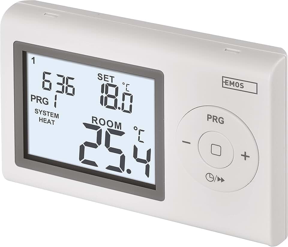 EMOS - Thermostat numérique avec écran LCD - Filaire programmable - Chauffage/climatisation - Plage température 5-35 °C - Montage en Surface - Protection Protection antigel - Pile Incluse - Blanc