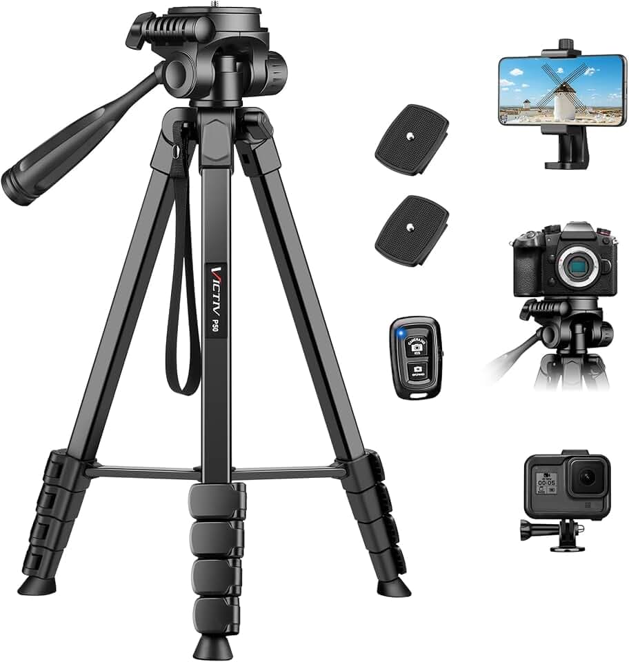 Victiv Trépied Appareil Photo, 172cm Trépied Caméra en Aluminium Portable | Trepied Smartphone Améliorés pour iPhone, Samsung, Trepied Photo avec Tête Pan Amovible à 3 Voies pour Canon Nikon Sony DSLR