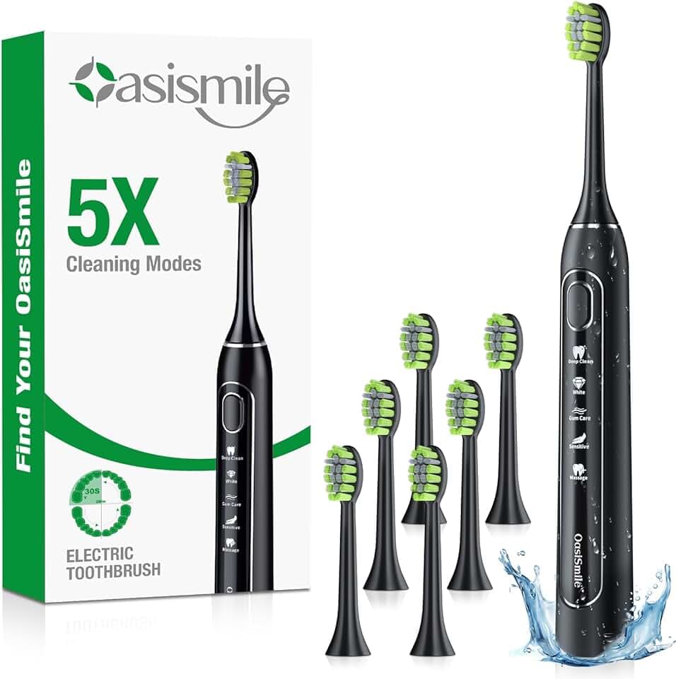 OasiSmile Brosse À Dent Électrique Soniques pour Adultes, 5 Modes de Nettoyage en Profondeur, 100 Jours d’Autonomie, 6 Brossettes, Brosse a Dent Electrique Rechargeable de Voyage, Minuterie 2 Min