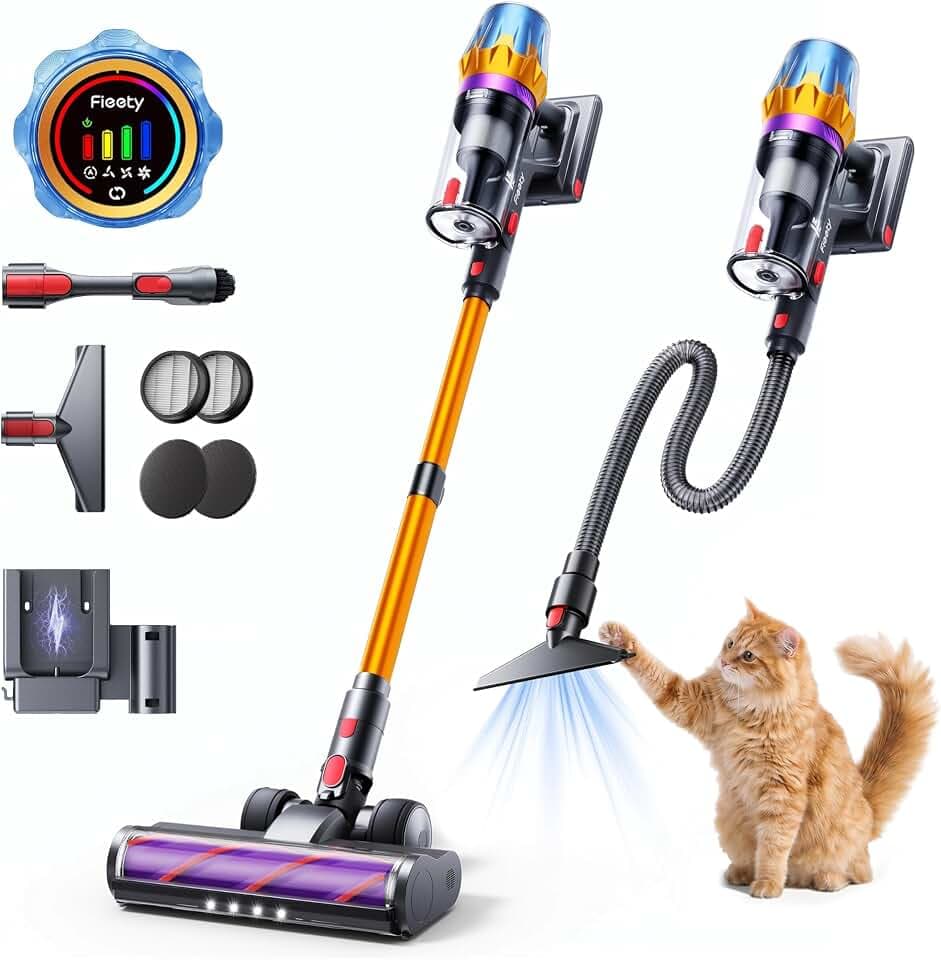 Fieety 80Min/650W/55KPa Aspirateur Balai sans Fil, 1.8L Aspirateur sans Fil Puissant, Brosse Anti-Enchevêtrement, Écran LED, Rechargeable Support Mural, Parfumé, Sols Durs, Tapis