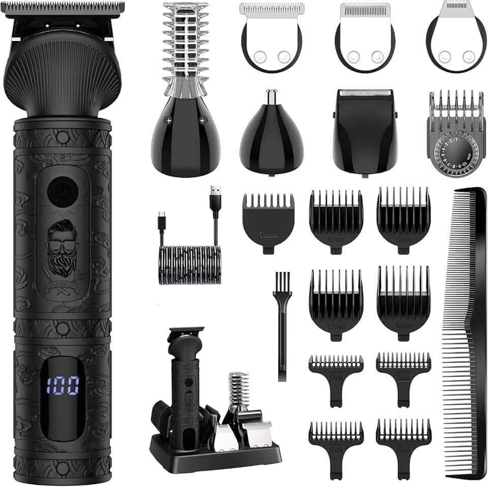 Surker Tondeuse Barbe Homme Tondeuse Cheveux Professionnelle Avec Lame en T de Coupe de Cheveux Chauve 0 mm Rasoir électrique Tondeuse Corps de Précision pour Nez 7 en 1,Noir